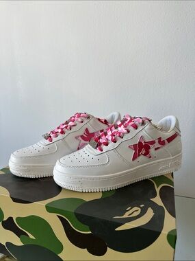 Bape White Sneakers with Pink Star Accents